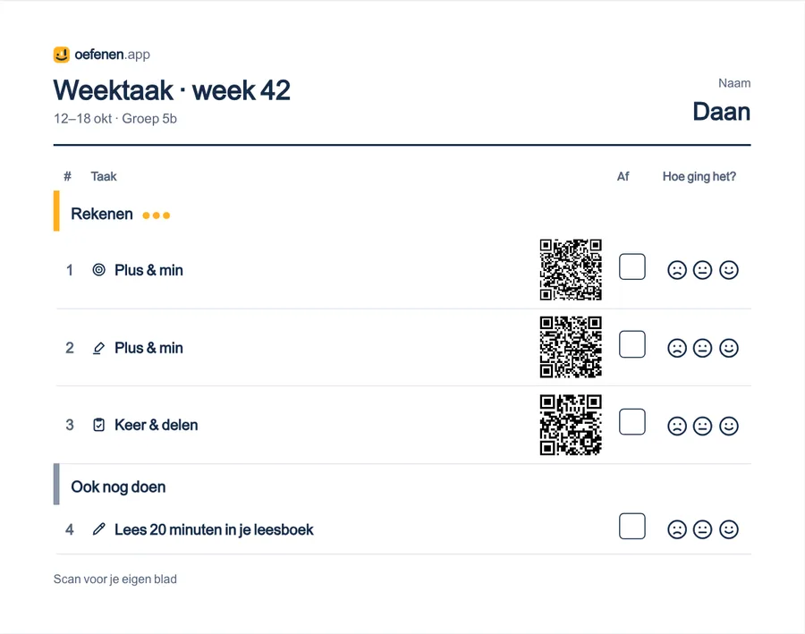Het overzichtsblad van Daan voor week 42: per taak een QR-code, een vakje en drie smileys.
