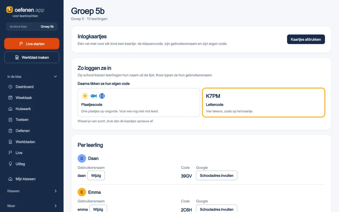 Het scherm Inloggen van een klas: Kaartjes afdrukken, plaatjescode of lettercode, en per leerling zijn naam en code.
